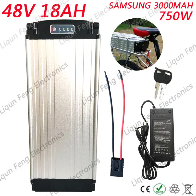 Top New 48V Lithium battery 750W 48V 18AH Electric Bike Rear Rack Battery Use SAMSUNG 3000MAH cell with Tail light and 2A charger 0 Top New 48V Lithium battery 750W 48V 18AH Electric Bike Rear Rack Battery Use SAMSUNG 3000MAH cell with Tail light and 2A charger 0