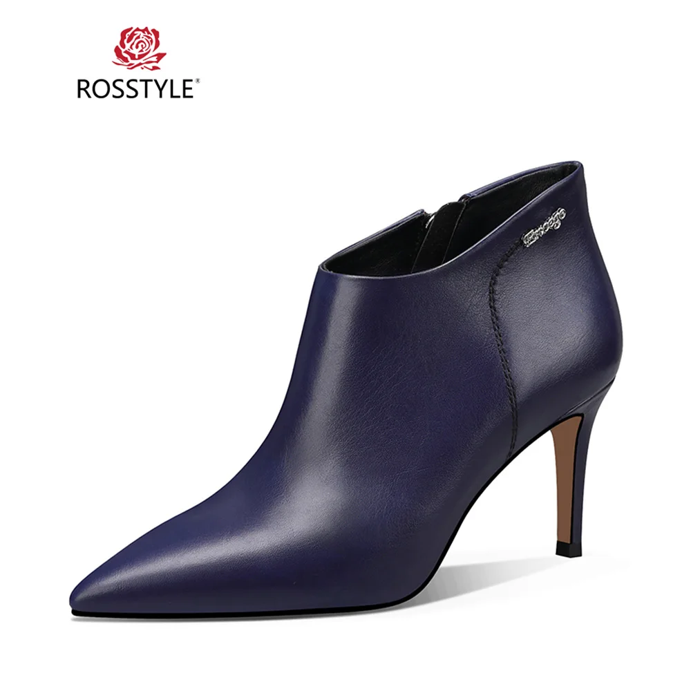 

ROSSTYLE Elegant Woman Black Ankle Boot Quality Genuine Leather Pointed Toe Boot Sxey High Thin Heel Mature Office Lady Boot B47
