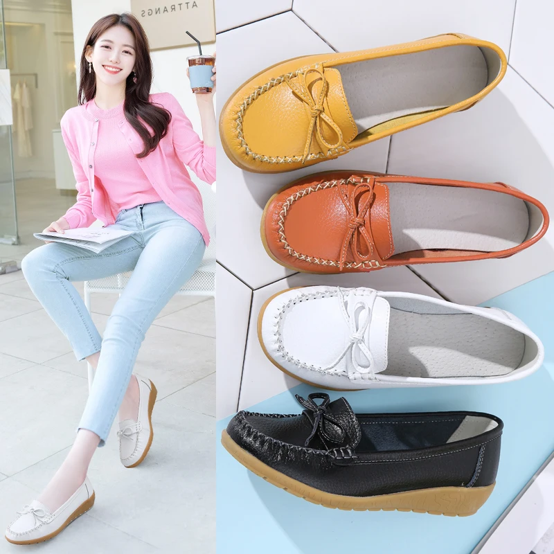 

New Summer plus size Women cutouts Genuine Leather Mom shoes Comfortable Sewing Buckle Flats Nurse Casual ballet flats 35-41
