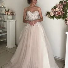 Нежно-розовый тюль свадебное платье элегантная Аппликация Кружева Милая развертки Поезд недорогие свадебные платья а-силуэта Бохо невесты платья