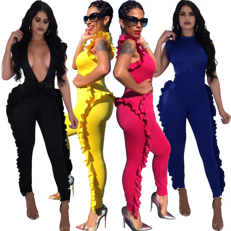 

Ruffle Sleeveless Bodycon Jumpsuits and Rompers V Neck Sexy Overalls for Women One Piece Outfit Long Rompers Womens Jumpsuits