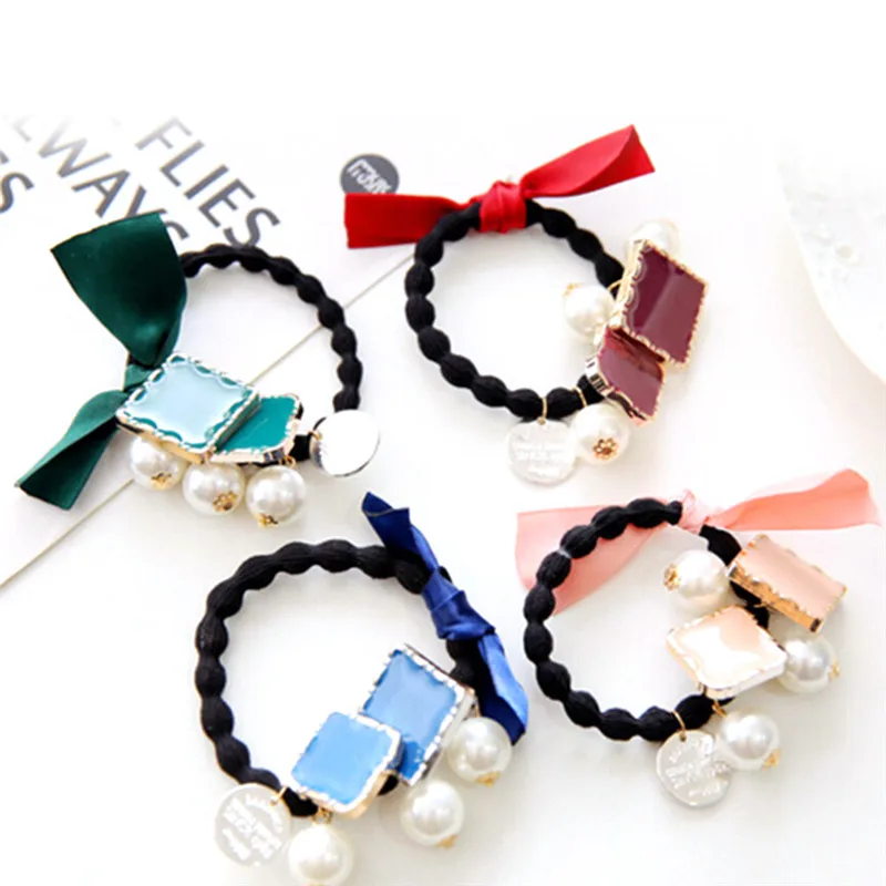 TEROKK Women Square Pearls Elastic Hair Bands Ponytail Holder Hair Jewelry
