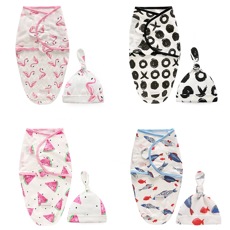 

New Cotton Baby Swaddle Blanket Set With Hat Newborn Floral Wrap Cloth With Hospital Knot Cap Sleeping Bag Photography Props