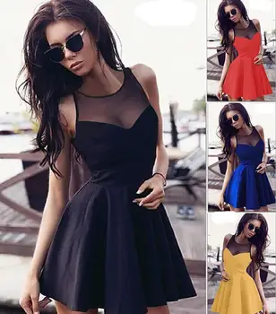 

New women summer dress o-neck sleeveless mesh patchwork short dresses sexy pleated Maxi lace dress vintage office dress