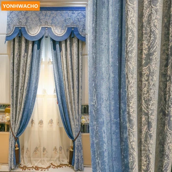 

Custom curtains Villa Elegant Chinese Pastoral Living Room Fashion blue chenille cloth blackout curtain tulle valance drape B430