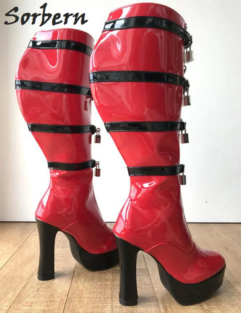 Sorbern/черные и красные сапоги до колена; женская обувь на молнии с ремешком; обувь на платформе с квадратным каблуком; женские ботиночки на заказ; широкая обувь