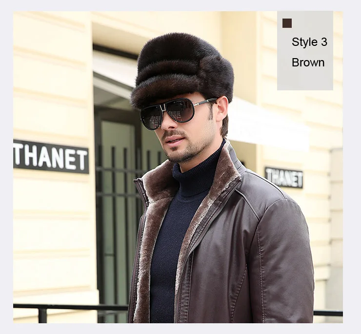 Svadilfari,, новинка, теплая зимняя шапка из натурального меха норки для мужчин и женщин, кожаная охотничья шапка, повседневная одноцветная шапка-ушанка - Цвет: 3 brown