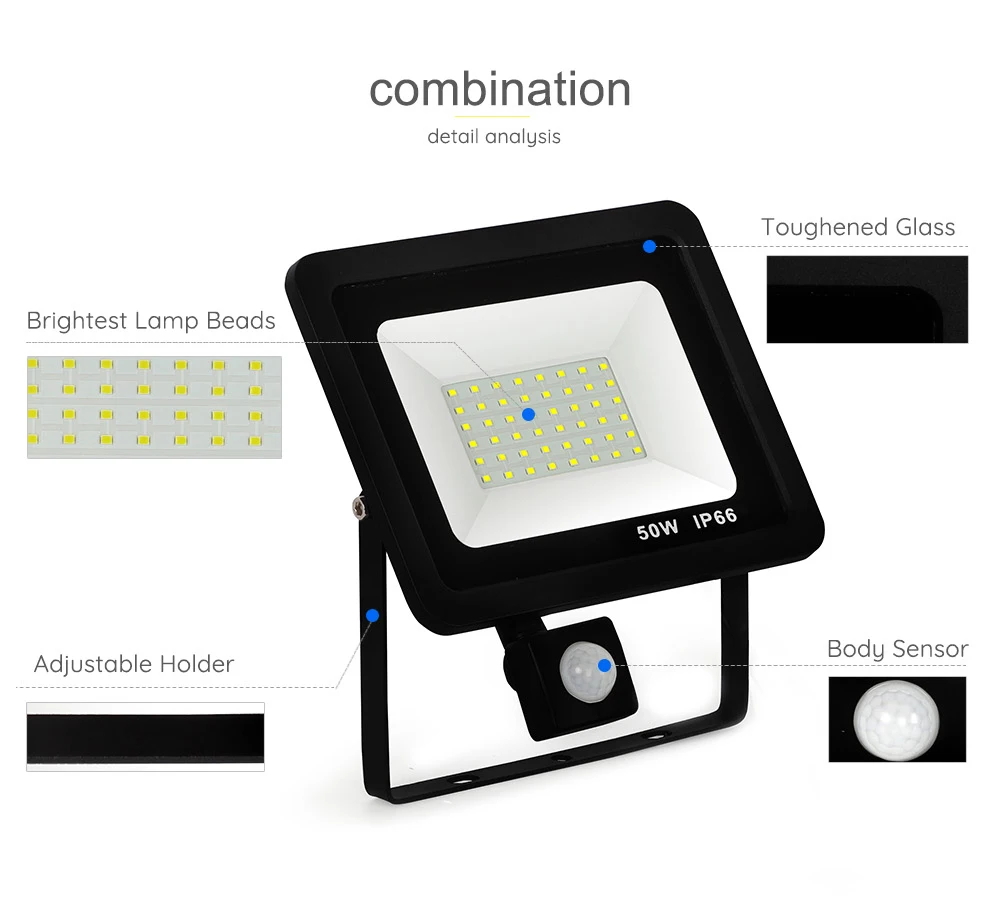 Светодиодный светильник с датчиком движения PIR, 220 В, 10 Вт, 20 Вт, 30 Вт, 50 Вт, прожектор, светильник s, лампа, водонепроницаемая, IP66, отражатель, светодиодный, светильник на открытом воздухе