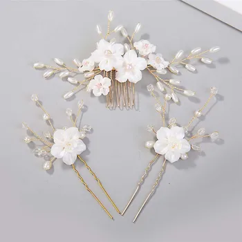 

GETNOIVAS Gorgeous White Flower Pearls Hair Sticks Wedding Hair Comb Hair Pins Clips Set Bridal Hair Jewelry Accessories Set SL