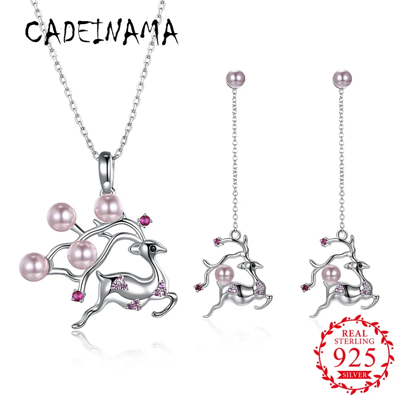 

CADEINAMA Luxury Deer Austria Crystal Pendant Necklace Drop Earrings Set Pearl 925 Sterling Silver Girl Women Fine Jewelry Party