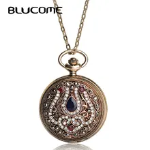 Blucome New Turkish Quartz Pocket Watch Necklace For Women Resin Antique Gold Color Vintage Sweater Pendant