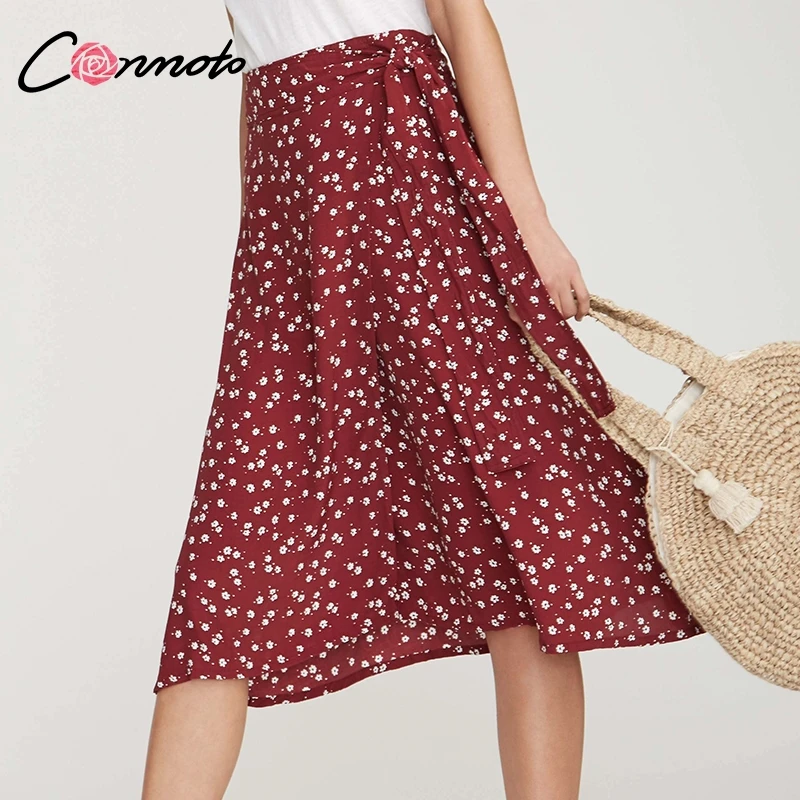 

Conmoto Vintage Floral Print Wrap Skirt Women 2019 Summer Casual High Waist Midi Skirt Holiday Prairie Chic Lace up Skirt