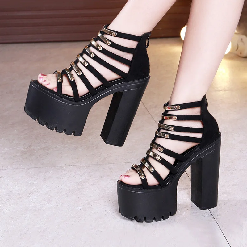 

Sexy Block Heel Platform Sandals Women Shoes 2019 Summer Super High Heels Gladiator Sandals Ladies Model Party Shoes Black