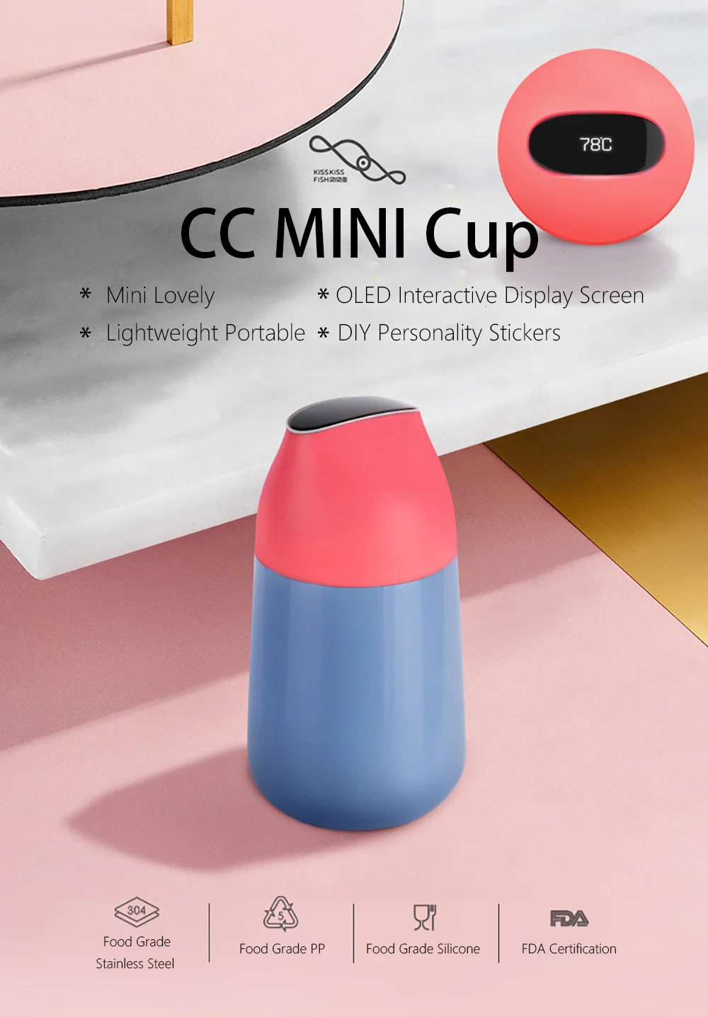

Xiaomi Mijia Kiss Kiss Fish Mini Cup Smart Vacuum Insulation Bottle with OLED Temperature display Touch screen and DIY Stickers