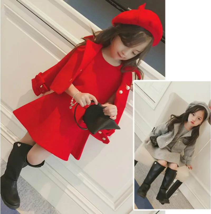 

Children's clothes spring and winter style infant baby kids clothing sets girls wool coat and dress and hat 3pieces jackets