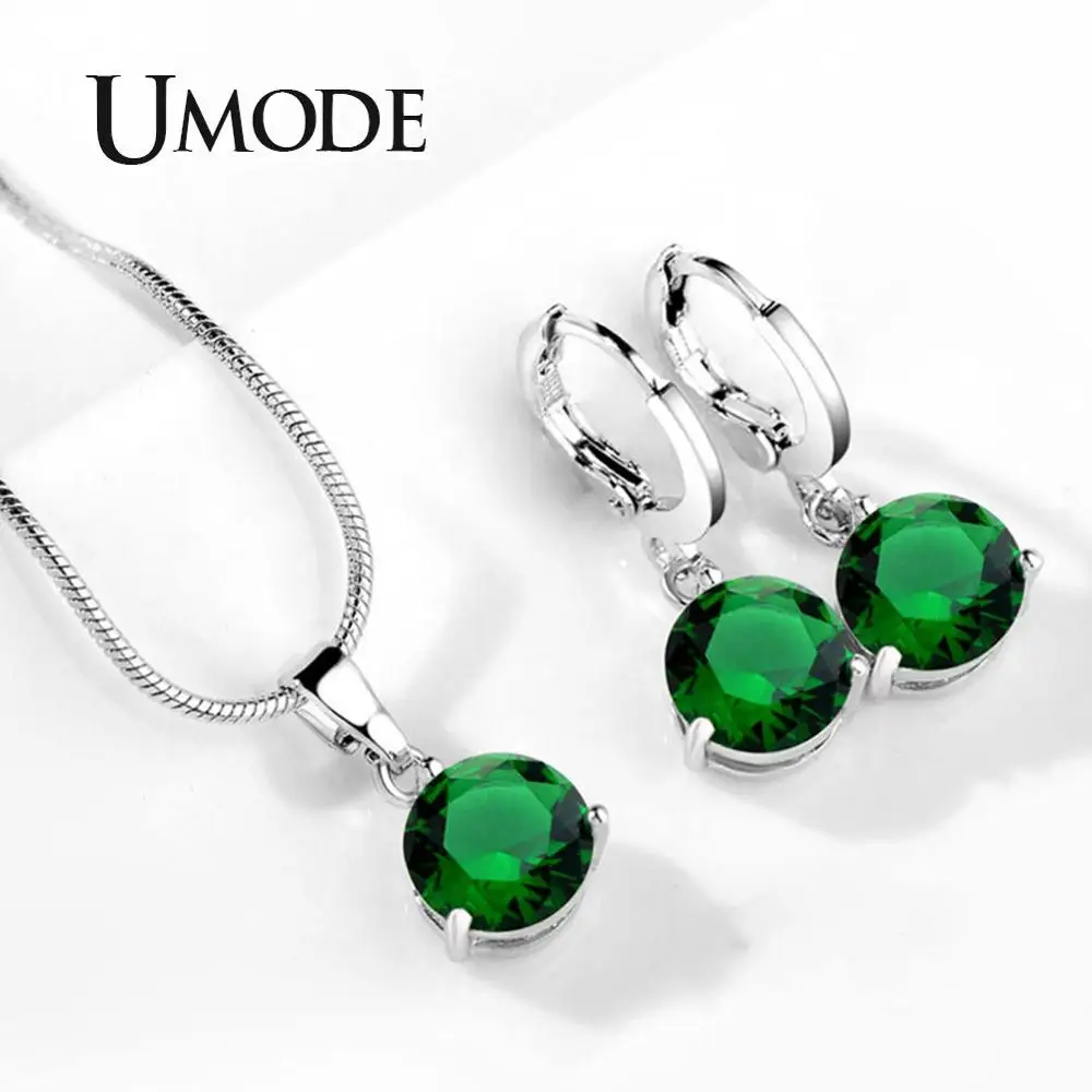 

UMODE Green Cubic Zirconia Jewelry Set White Gold Hoop Earrings Necklaces Set for Women Wedding Jewelry Sets Gift US0081O