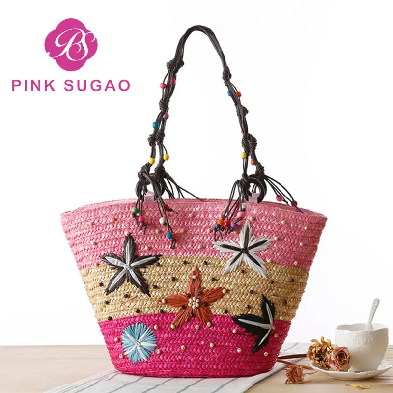 

Pink Sugao handbag bohemian style women bag hand embroidery purses and handbags beading straw bag designer bags famous brand