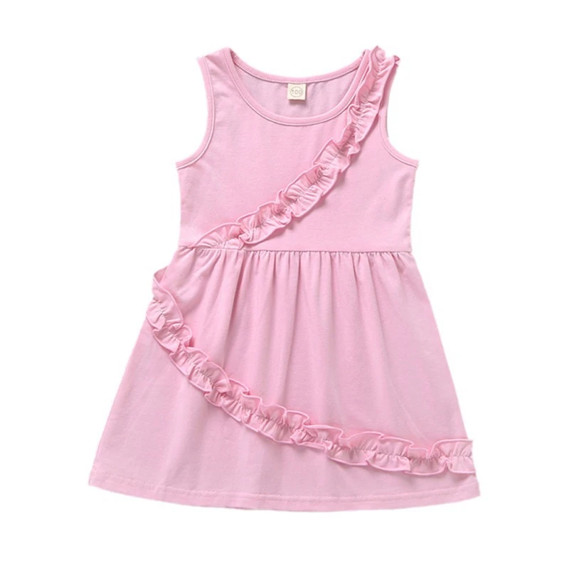 

O-neck Knee-Length Pullover Summer Casual Baby Girls Solid Pattern Sleeveless Dress With Lace Stitching Kids Toddler Sundress