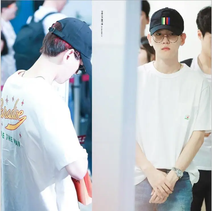 

2018 new kpop EXO clothes BAEKHYUN The same paragraph short-sleeved T-shirt Han Fan loose white Embroidery Male and female summe