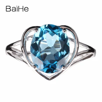 

BAIHE 7x9mm Oval Cut Blue Topaz Solid 14k White Gold Romantic Heart Shape Women Engagement Wedding Natural Diamonds Gift Ring