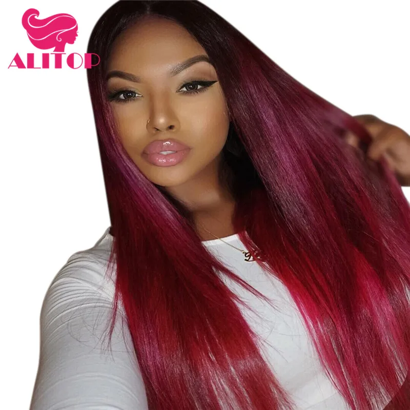 

ALITOP 1B99J Ombre Red Lace Front Human Hair Wigs Burgundy Long Straight Brazilian Remy Hair With Baby Hair For Black Women
