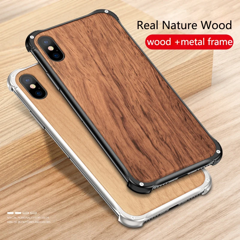 

Fashion Nature Wood Case for iPhone XS Max XS XR X Cases Real Wood Metal Frame Shockproof Case for iPhone 6 6S 7 8 Plus Cover