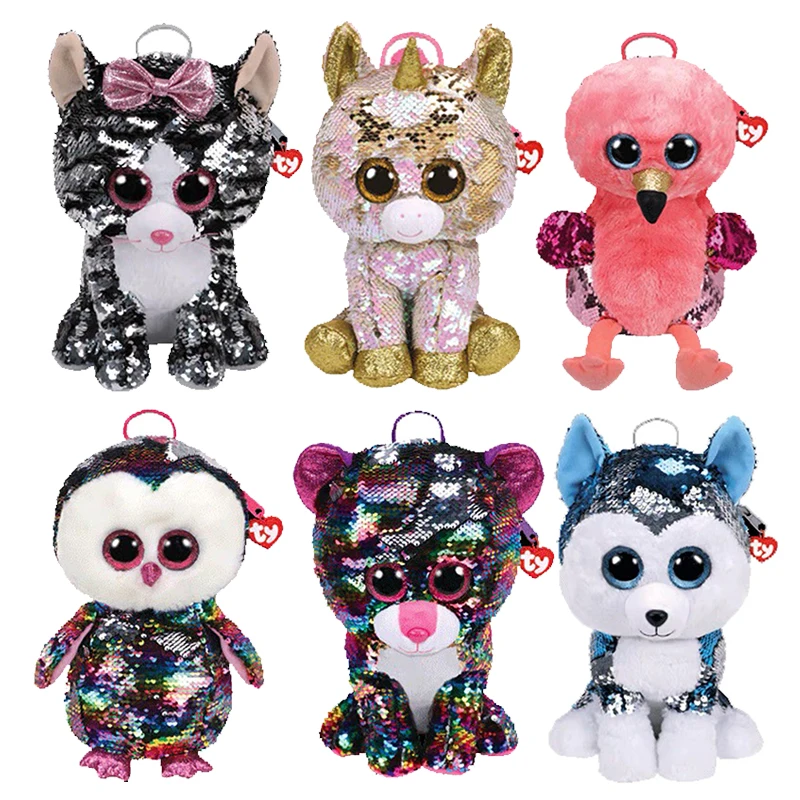 

30cm TY Beanie Baby Fashion Dangler Kiki Whimsy Cat Backpack with Reversible Sequins Children Birthday Christmas Gifts