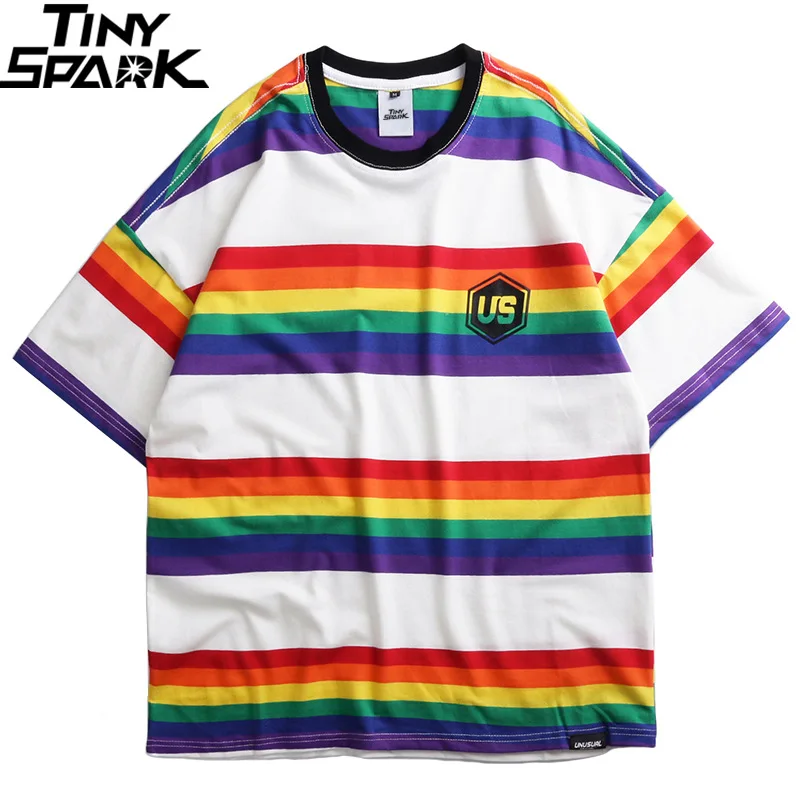 

2019 Men Hip Hop T Shirt Harajuku Rainbow Striped T-Shirt Korean Style Retro Streetwear Summer Tops Tees Cotton Tshirt Fashion