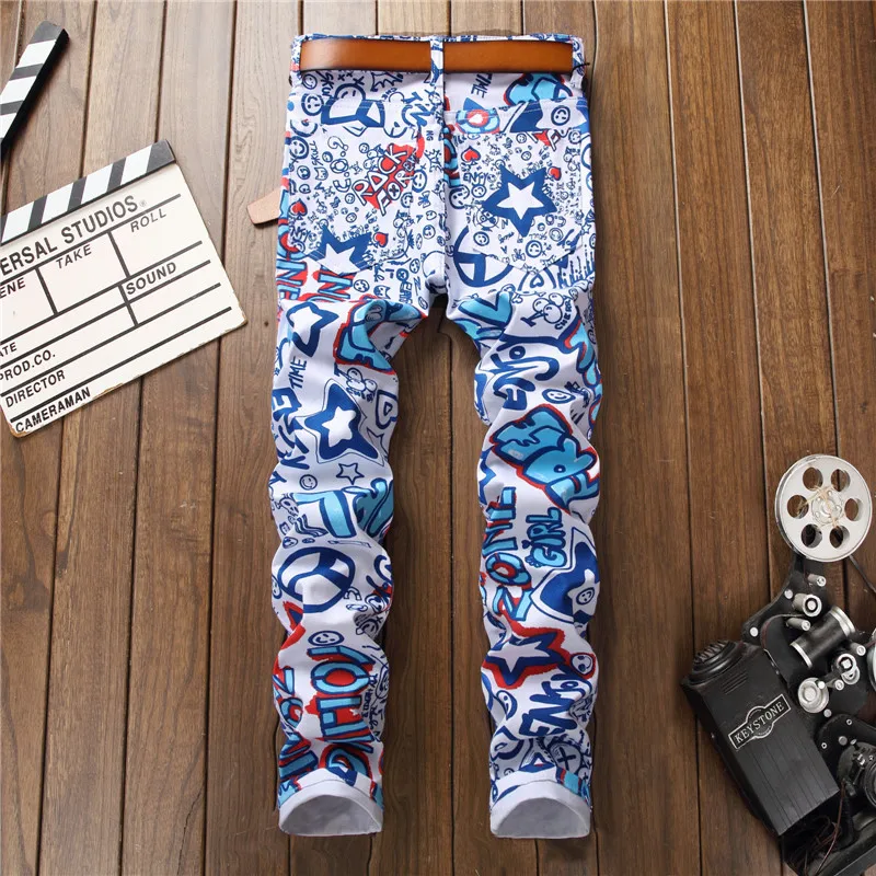 Новые мужские джинсы 3D эластичные джинсы с цифровым принтом Мужские обтягивающие брюки узкие белые Стрейчевые джинсы окрашенные дизайнерские брюки 5003