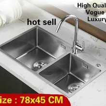 Домашняя Роскошная кухонная ручная раковина с двойным канавком, высокая емкость для мытья овощей, прочная 304 нержавеющая сталь 78x45 см