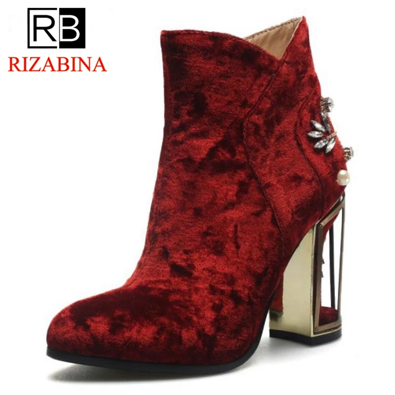 

RizaBina Size 33-42 Women High Street Ankle Boots Fashion Velvet Strange Style High Heels Shoes Women Crystal Brand Footwear
