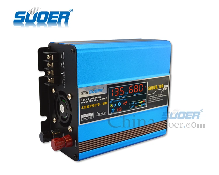 Suoer【Hybrid Inverter】 12 В 220 В Инвертор 500 Вт постоянного тока в переменный солнечный инвертор с встроенным 10А солнечным контроллером заряда(SUS-500A