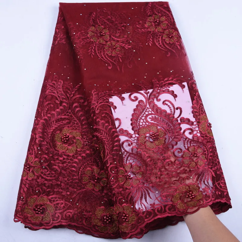 

Wine Color African Lace Fabric 2019 High Quality Lace Fushia French Lace Fabrics Beads Nigerian Wedding Lace For Dress Y1573