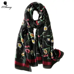 O Чжуан модные шелковые шарфы Для женщин длинные черные шаль с цветочным рисунком мягкая платки Echarpes Femme Cachecol 180x90 см летний шарф для женщин
