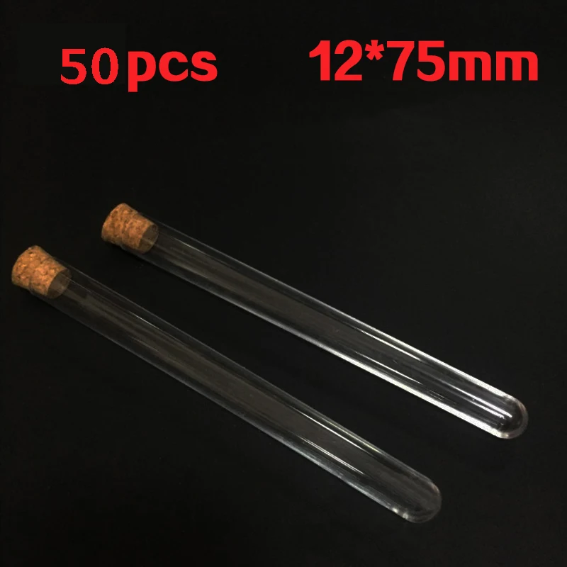 

12x75mm 50pcs/lot Plastic test tube with cork PS material labware for scientific experiment transparent lab tube round bottom