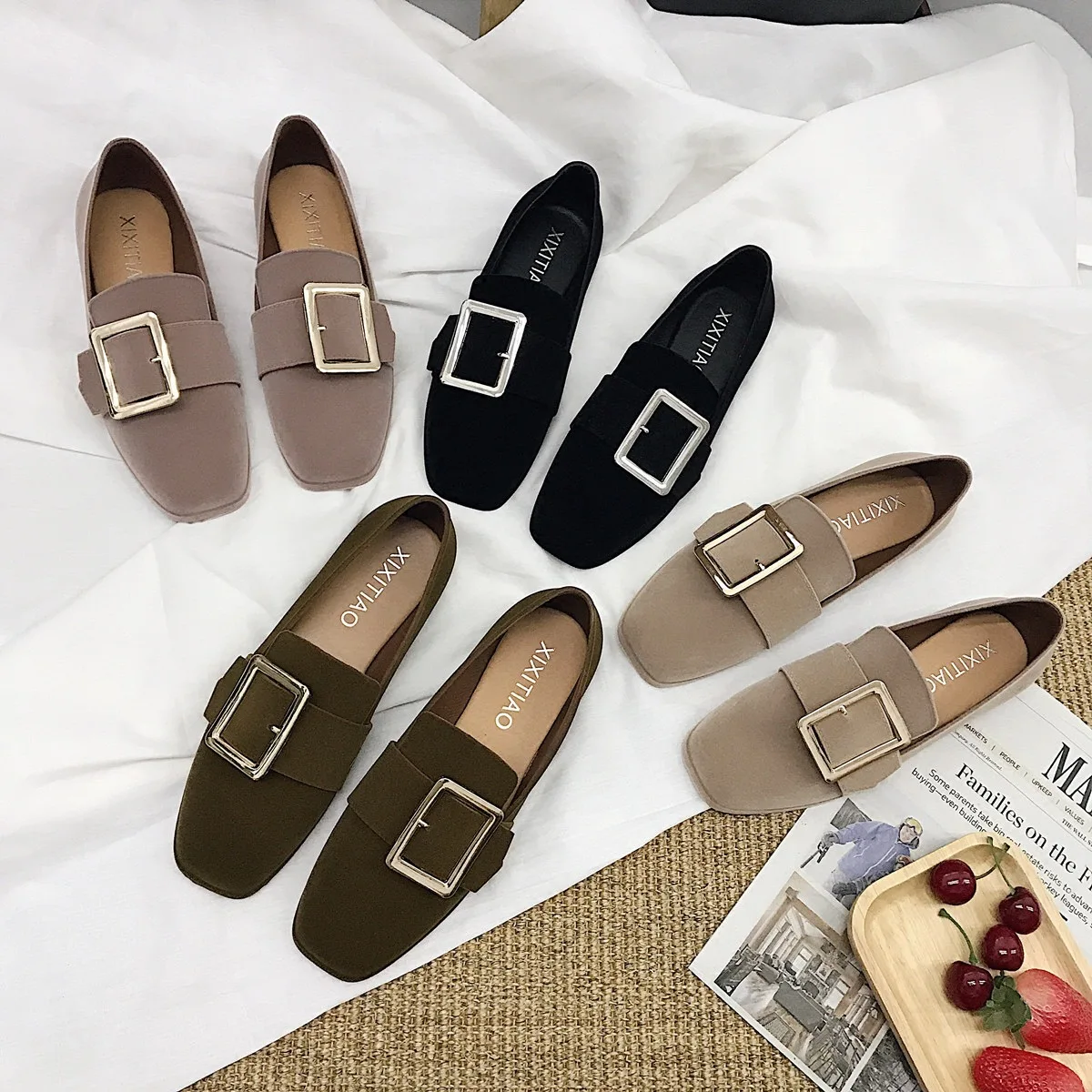 

Square Toe Buckle Concise Women Basic Low Heel Pumps Shallow With Solid Slip-On Single Shoes Casual Fashion Ladies Pumps