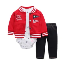 Новая красная одежда для мальчиков, хлопковое пальто+ штаны+ детский комбинезон, комплекты на осень-зиму, боди для детей 6-24 месяцев, комплекты одежды для маленьких мальчиков