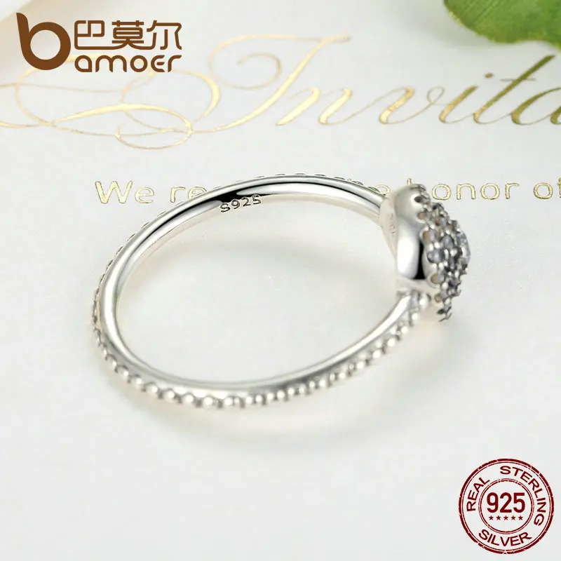 BAMOER 925 Sterling Silver Round Shape Radiant Elegance, Clear CZ Flower Finger Rings for Women ANNIVERSARY SALE 2018 PA7178