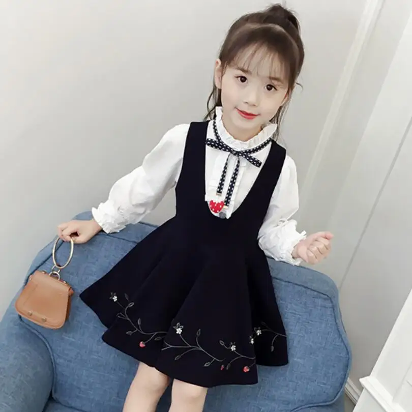 

Spring Autumn Toddler Teenage Kids Clothes 2 Piece Suit Long Sleeve White Blouse + Strap Dress School Girls Clothing Sets JW4510