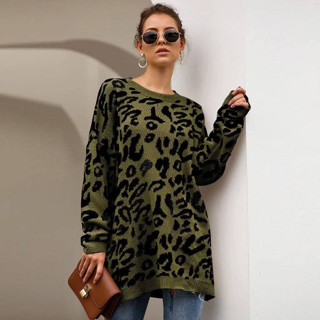 

JAYCOSIN Sweater Women Pullover Leopard Print Long Sleeve O-Neck Knitted Sweaters Womans Autumn Sweter mujer Blouse 19JUL11