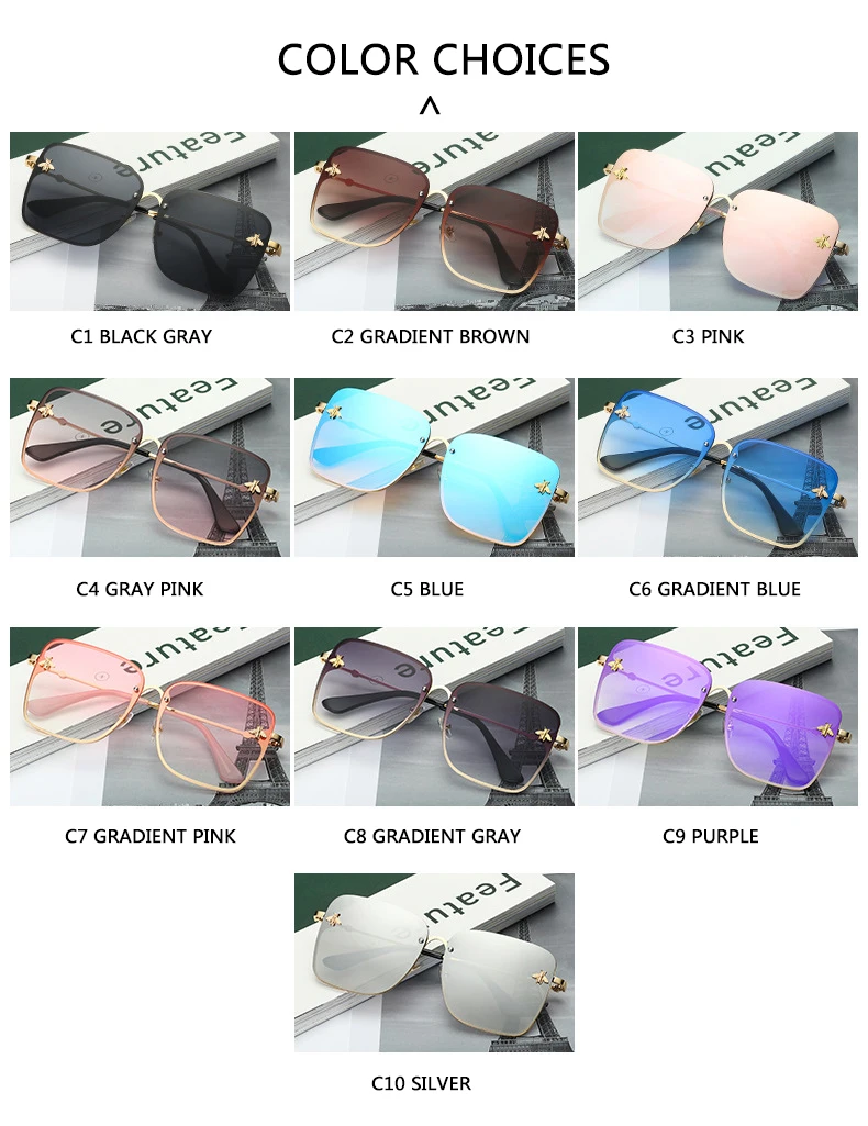 2022 New Fashion Lady Oversize Rimless Square Bee Sunglasses Women Men Small Bee Glasses Gradient Sun Glasses Female UV400 big sunglasses for women