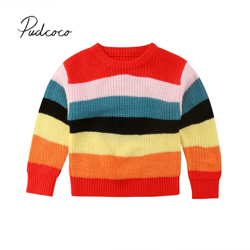 

2018 Brand New Autumn Winter Toddler Baby Girl Sweater Longsleeve Rainbow Colorful Striped Pullover Knit Sweater Top Outfit 1-6Y