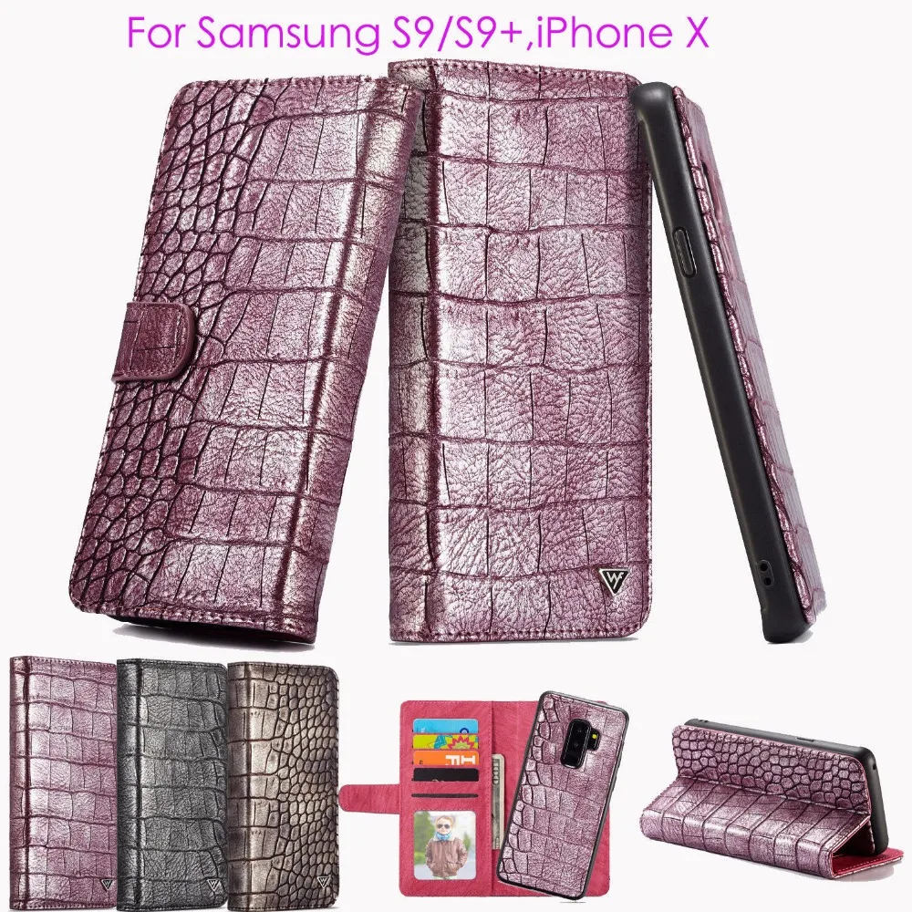 

Crocodile Pattern Leather Purse Wallet Card Flip Case 2in1 Removable Stand Cover For iPhone X XS Max XR 8 7 Plus Samsung S9+