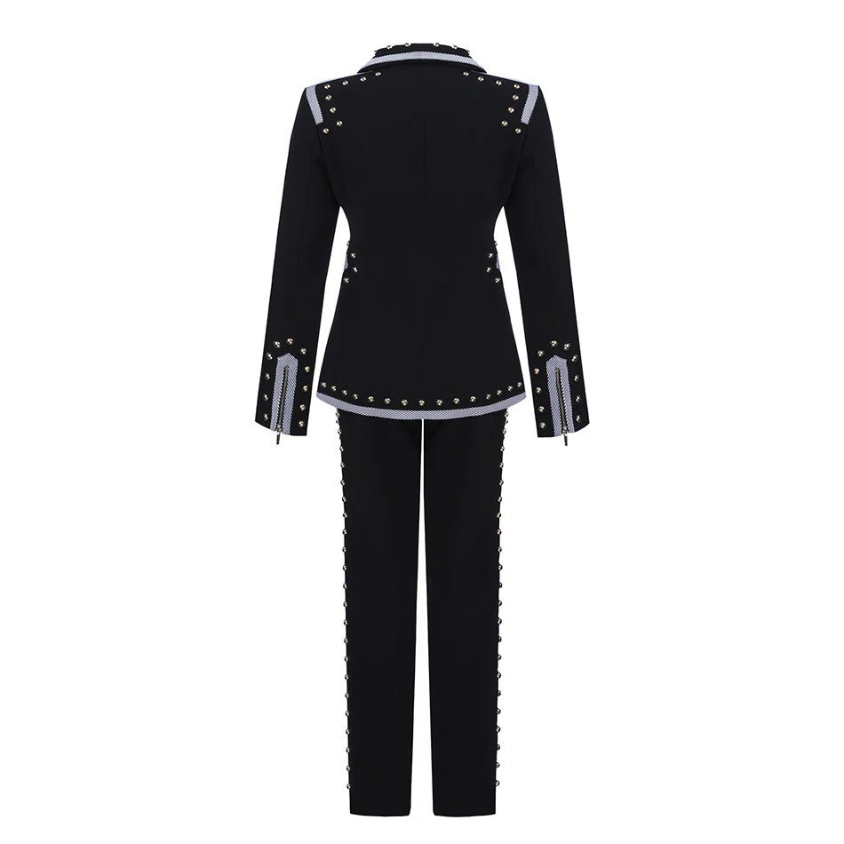 Winter black two-piece long-sleeved V-neck rivet blazer and high-waist pants casual women's suit celebrity runway party set