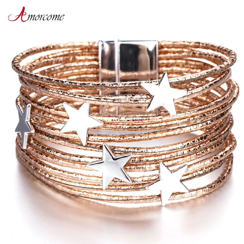 

Amorcome Leather Bracelets for Women Trendy Pentagram Charm Bracelets & Bangles Boho Mulitlayer Wide Wrap Bracelet Femme Jewelry