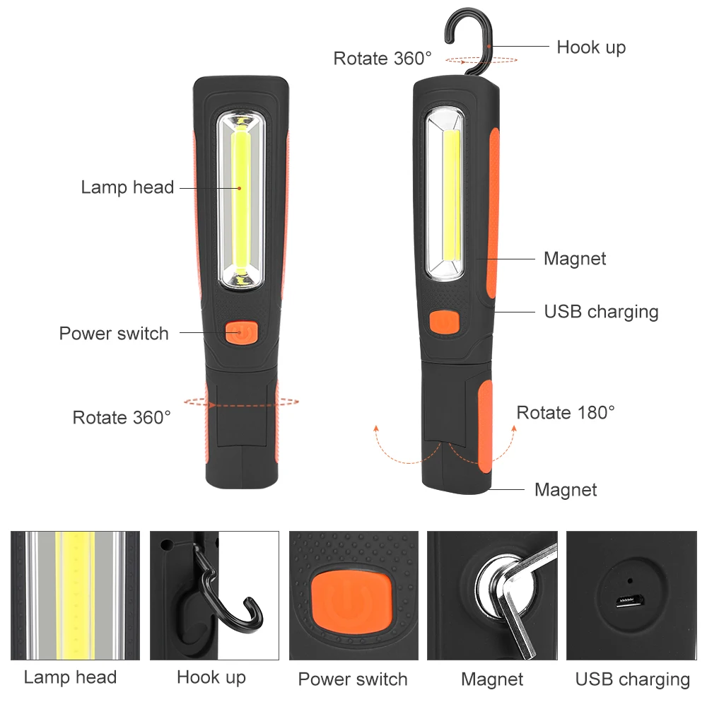 COB светодиодный фонарик планка Антабки ручной фонарик переносное освещение рабочего места зарядка через usb Палатка Фонарь Магнитная инспекционная лампа для ремонта