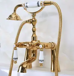 Золото Цвет латунь двойной Керамика ручки на бортике Ванная комната Clawfoot ванной кран смесителя w/ручной душ ana143