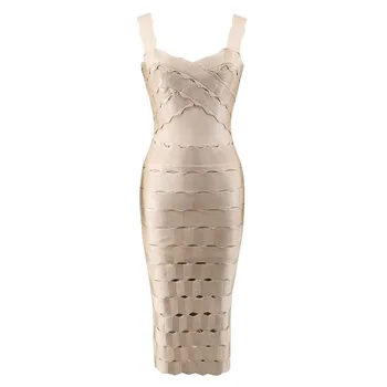 

Babatique New Style 2018 Fashion Spaghetti Strap Beige Sleevless Women Dress Bodycon Bandage Jacquard Over Knee Dress