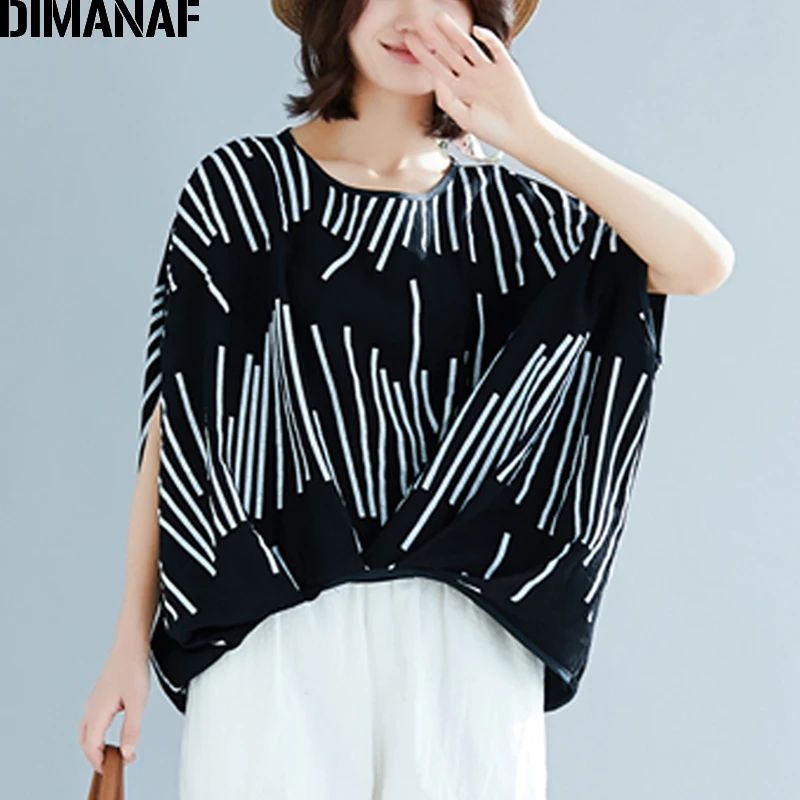 

DIMANAF Plus Size Women T-Shirts Summer Basic Lady Tops Tee Big Size Print Striped Tunic Cotton Loose Casual Female Clothes 2019