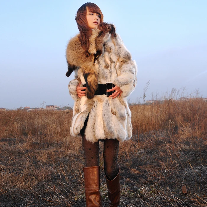 genuine rabbit fur coat with raccoon fur collar women long thick rabbit